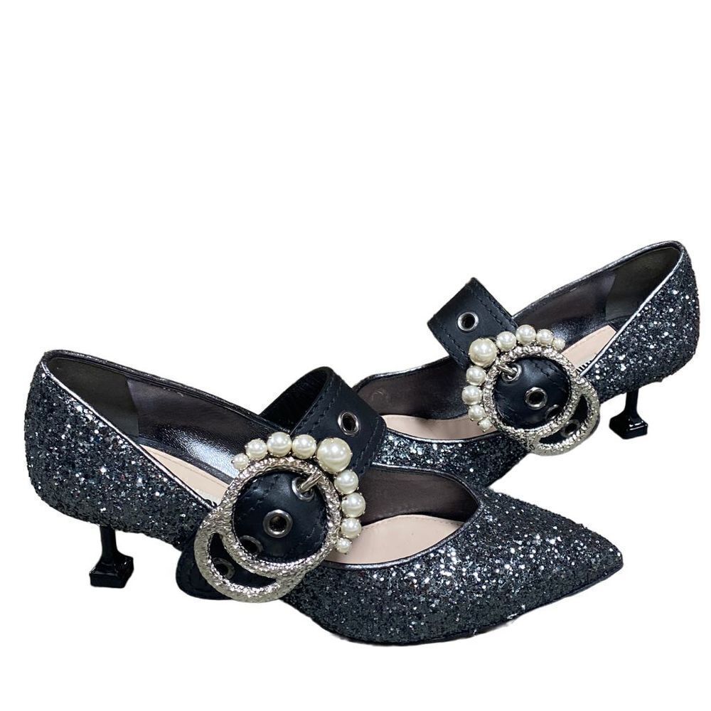 Miu Miu Glitter Jeweled Buckle Pointed Toe Pump Size 37.5
